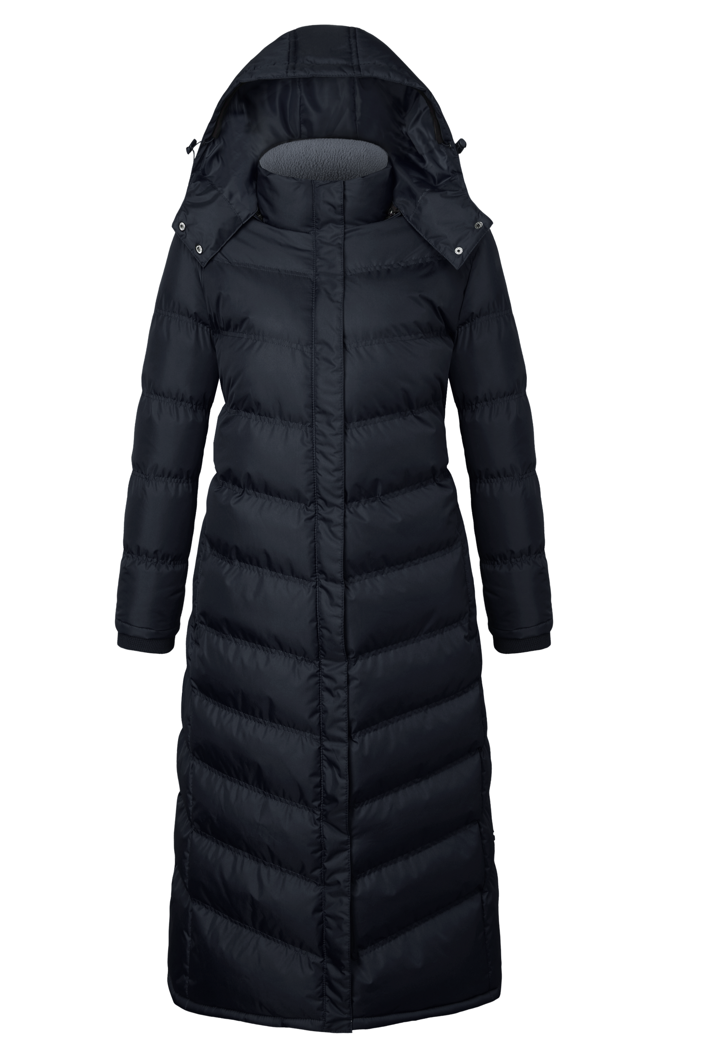 Women Full Length Puffer Coat with hood and contrast grey detailing