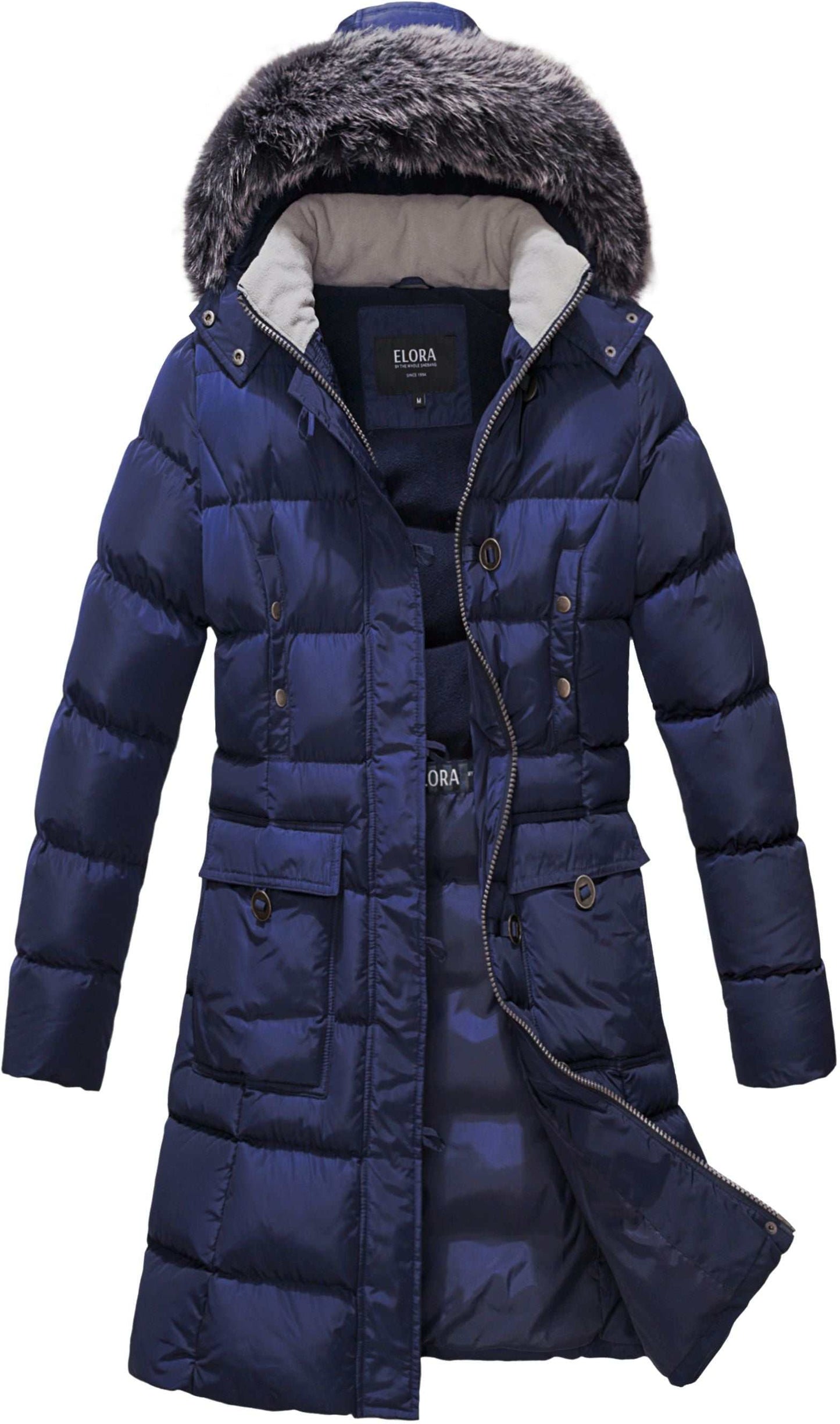 Womens mid-length vegan down winter coat ELORA parka with hood and faux fur trim in urban setting