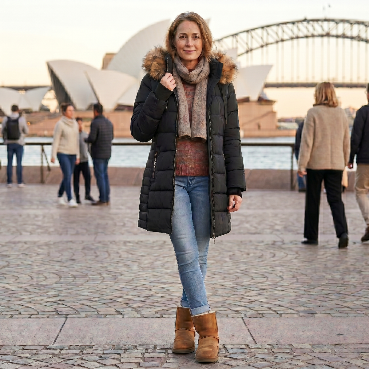 Mid Length Womens Winter Coat black puffer coat and tan boots standing in front of the Sydney Opera House. She is wearing blue jeans and a scarf, with her right hand near her collar. The Opera House sails and the Harbour Bridge are in the background under a warm, late afternoon sky, with blurred other pedestrians.