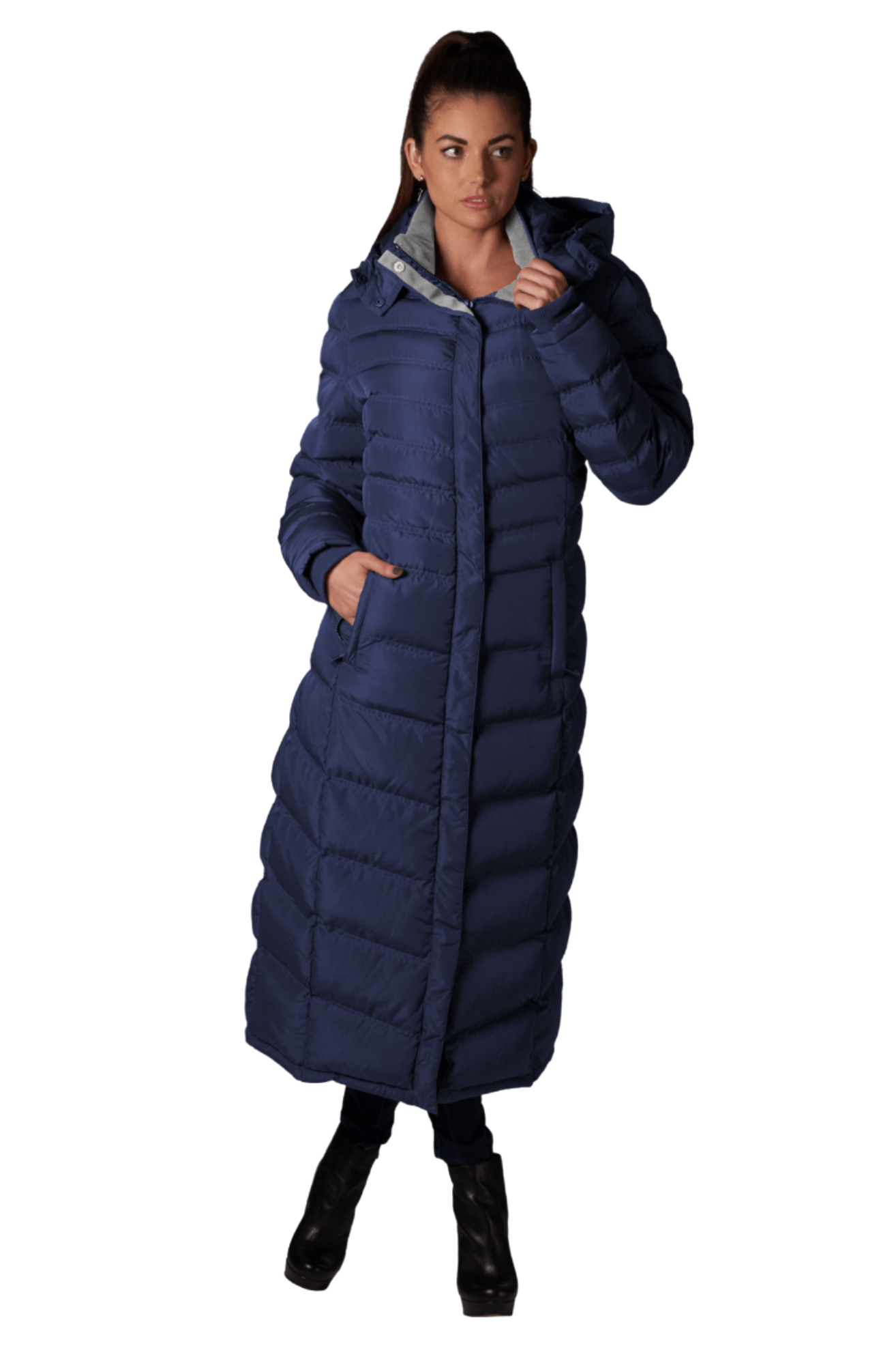 Women's Full Length Fleece Lined Puffer Long Coat with detachable hood.
