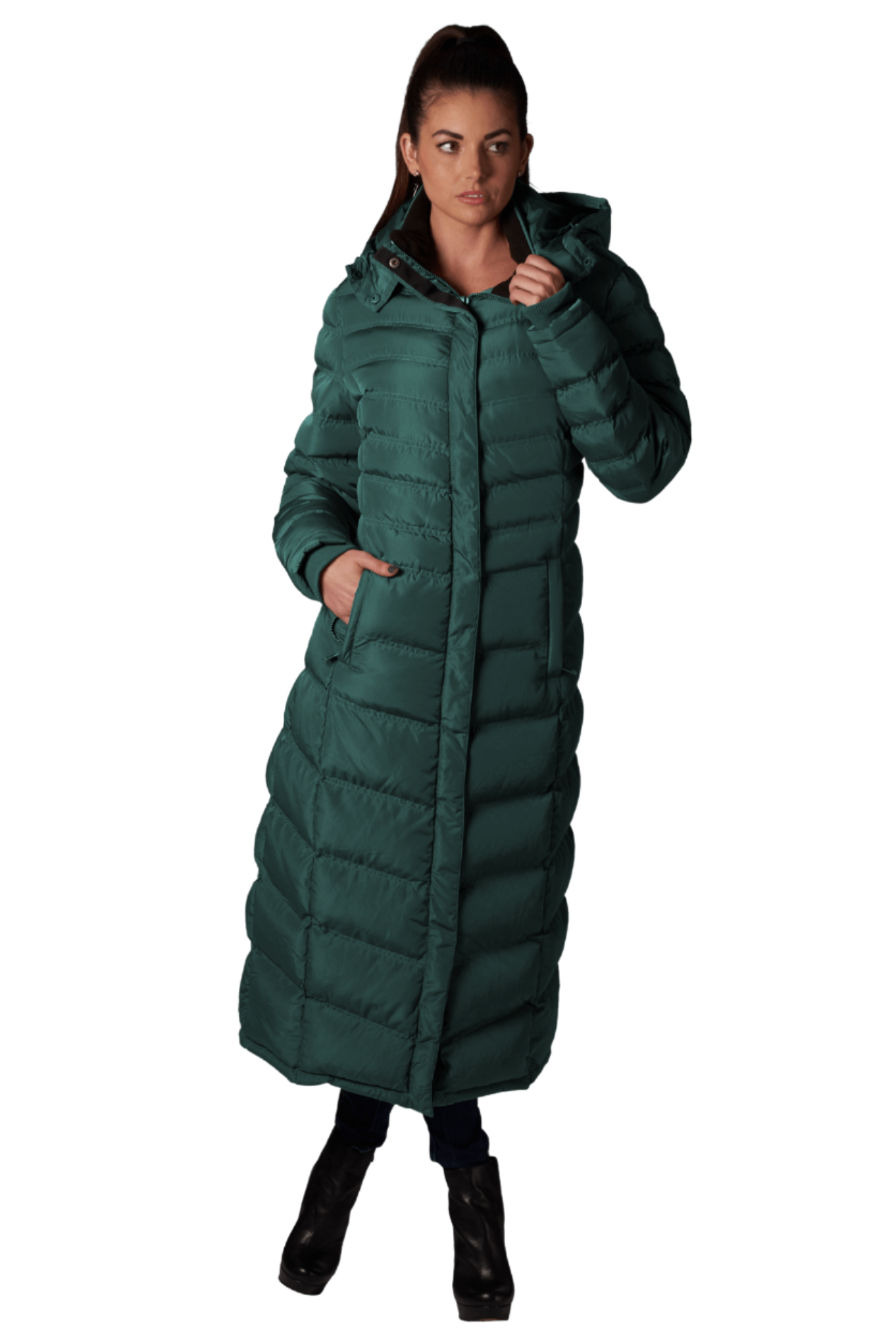 Women's Full Length Fleece Lined Puffer Long Coat with detachable hood.