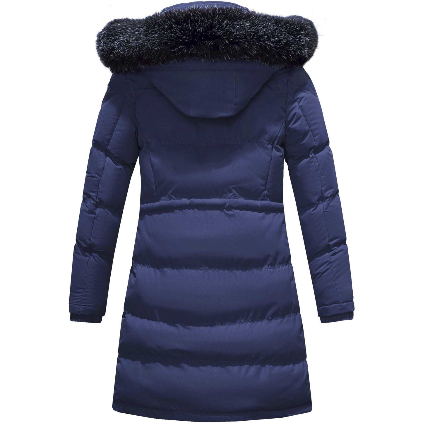 Women's mid-length puffer coat with faux fur hood and fleece lining.