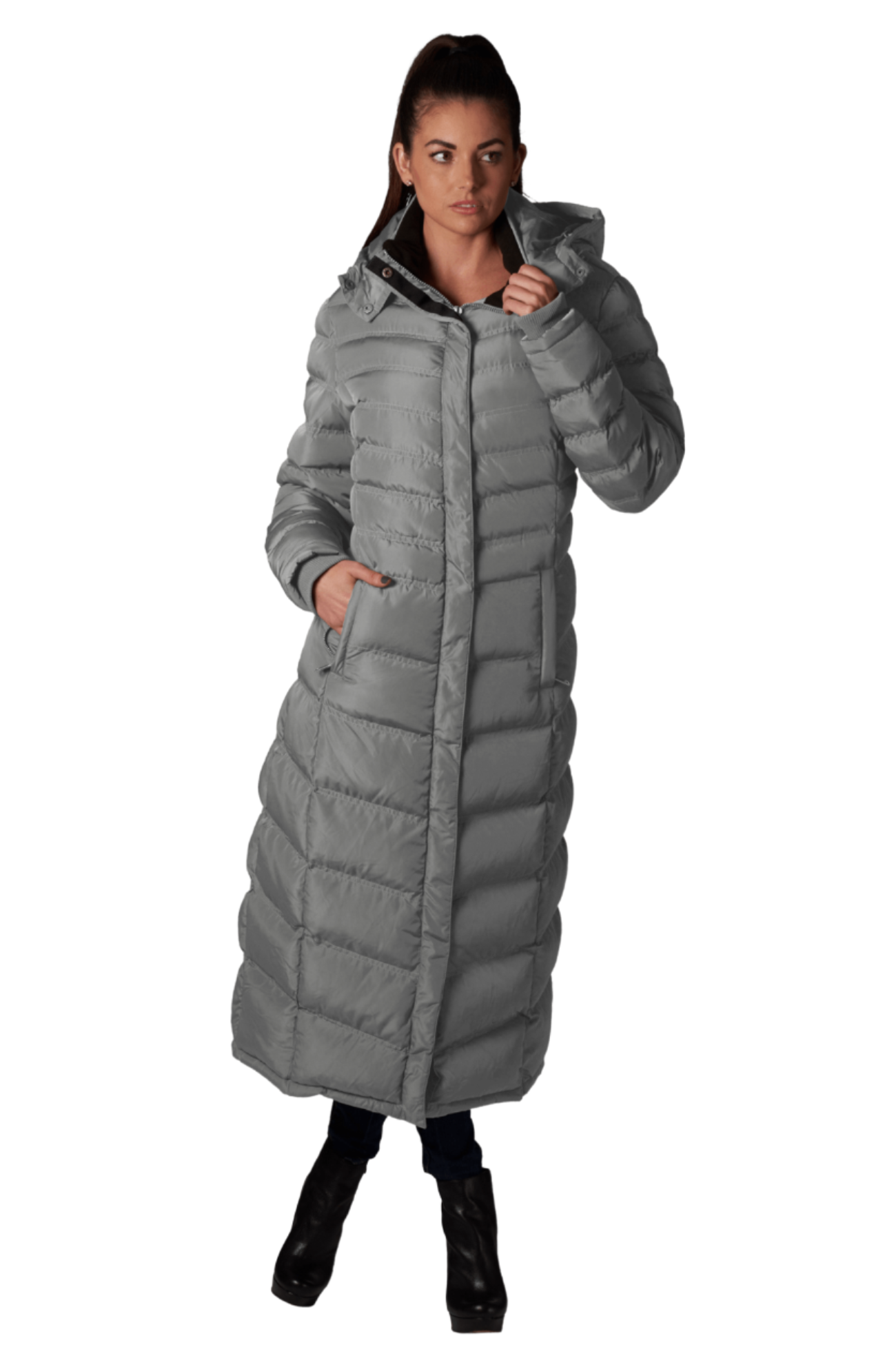 Women's Full Length Fleece Lined Puffer Long Coat with detachable hood.