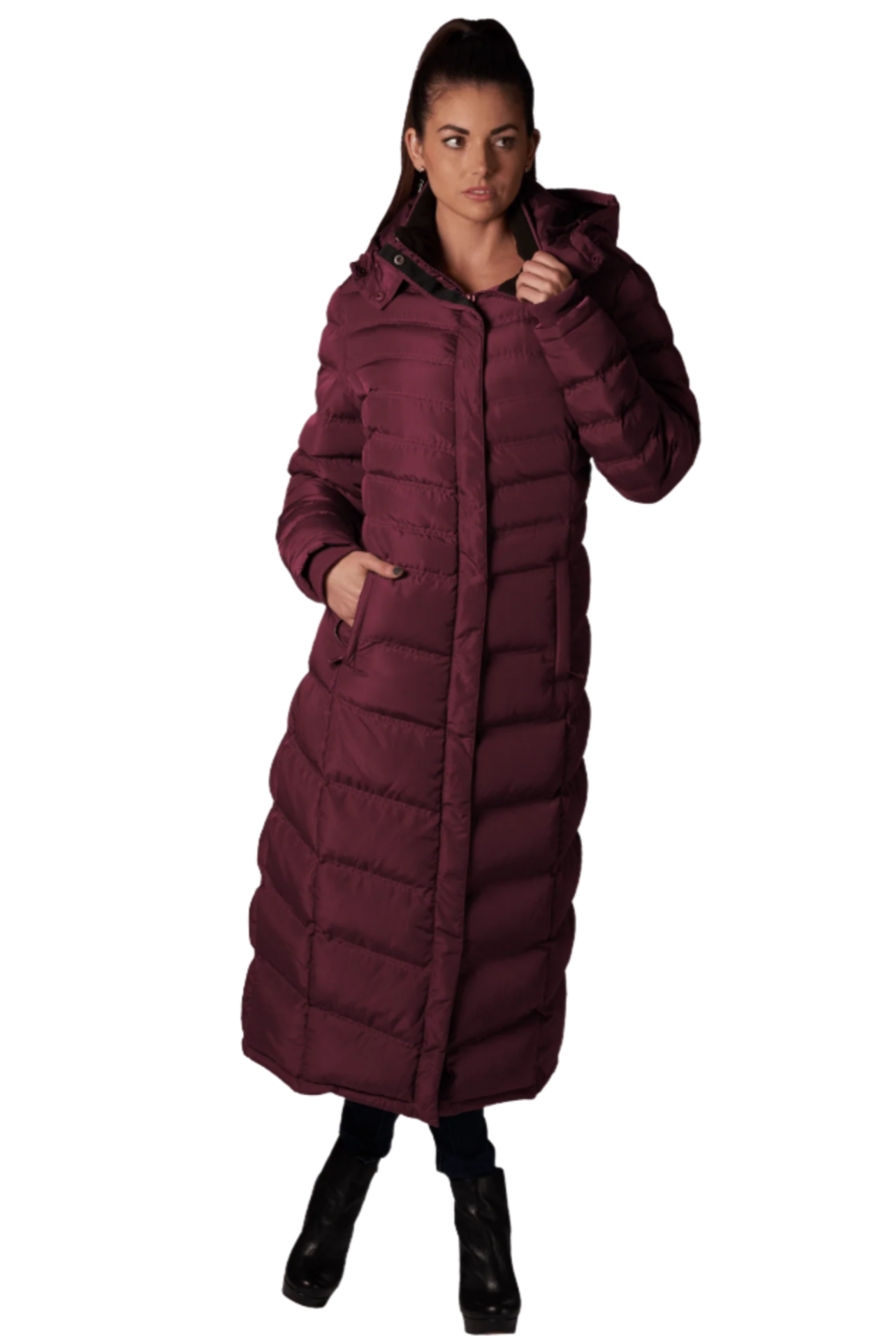 Women's Full Length Fleece Lined Puffer Long Coat with detachable hood.