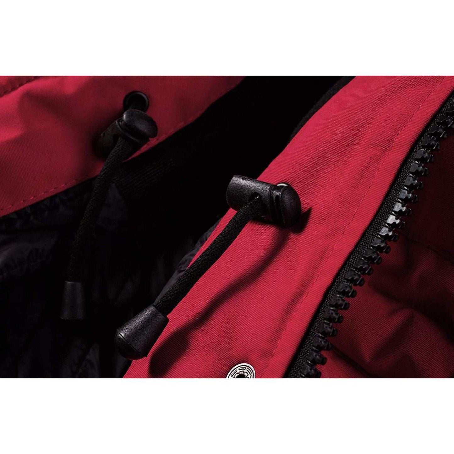 Close-up of drawstring and zipper. Women Winter heavy coat