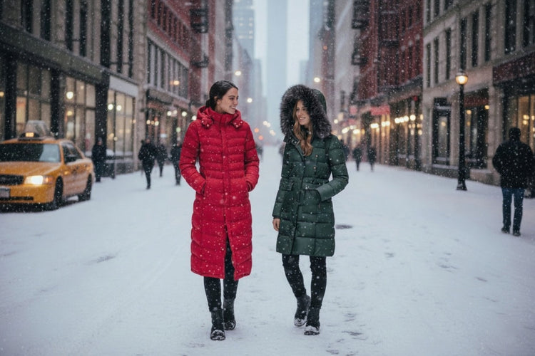Two women walk a snowy NYC street. One in a red puffer, the other in dark green. Buildings, yellow taxis, and blurred pedestrians fill the background, with snow falling