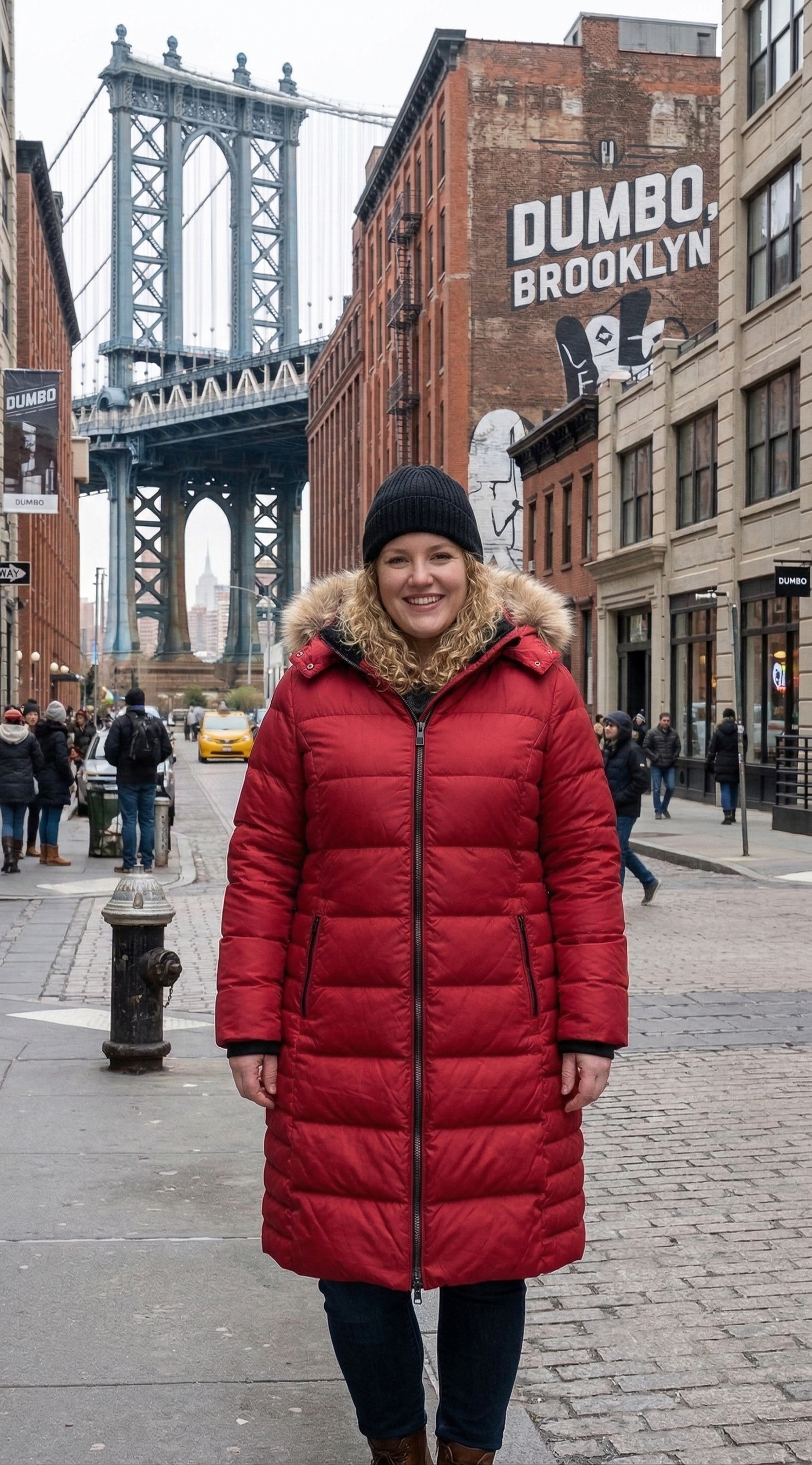 Plus size Woman in Red puffer coat standing on Dumbo Brooklyn ter