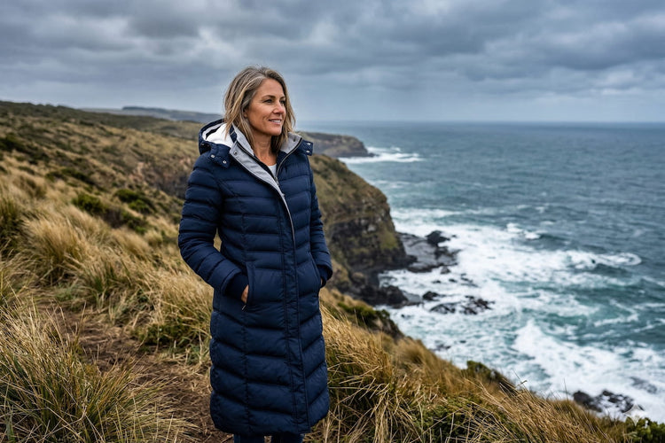 Elora Woman in navy maxi puffer coat on Australian coastal cliffs in winter