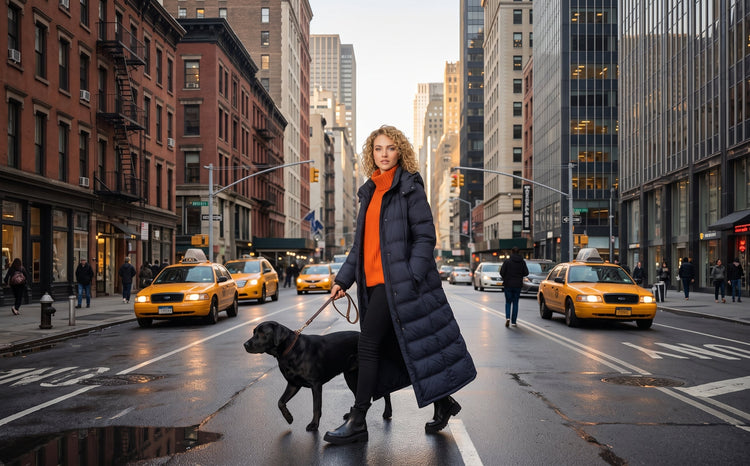 A woman in a long black full-length puffer coat, orange turtleneck sweater, and black boots walking a black British Labrador on a leash across a city street with yellow taxis and brick buildings in New York City.