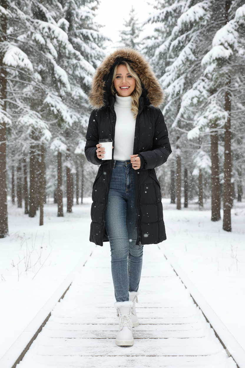 Model wearing a black ELORA women's winter parka with a faux fur hood while holding a coffee cup and walking on a boardwalk through a snowy forest