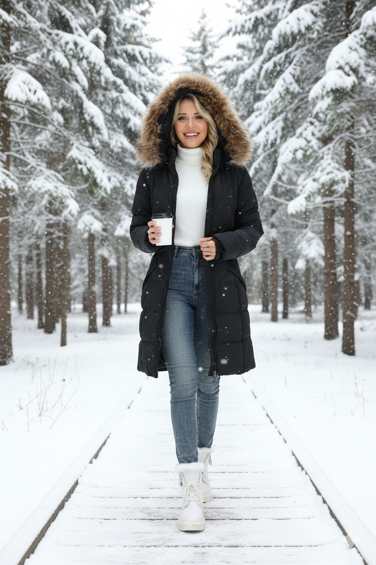 Model wearing a black ELORA women's winter parka with a faux fur hood while holding a coffee cup and walking on a boardwalk through a snowy forest