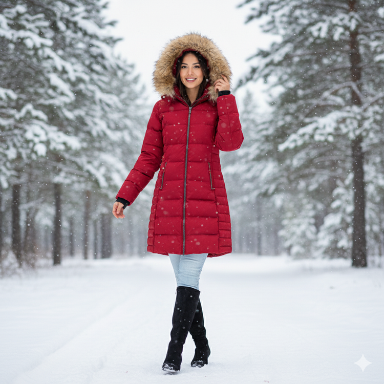 Model wearing a red ELORA women's long puffer coat with a faux fur hood while walking down a snow-covered path between pine trees