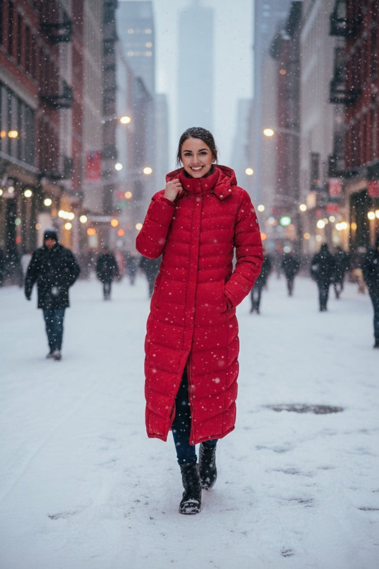 Confident woman in a vibrant red winter coat walks down a snow-covered street in a city, with blurred streetlights and people in the background, conveying a cozy, high-quality, and fashionable winter look.