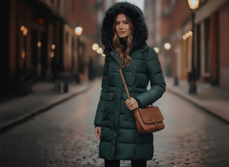 Woman wearing a green winter coat with faux fur hood in DUMBO, New York City