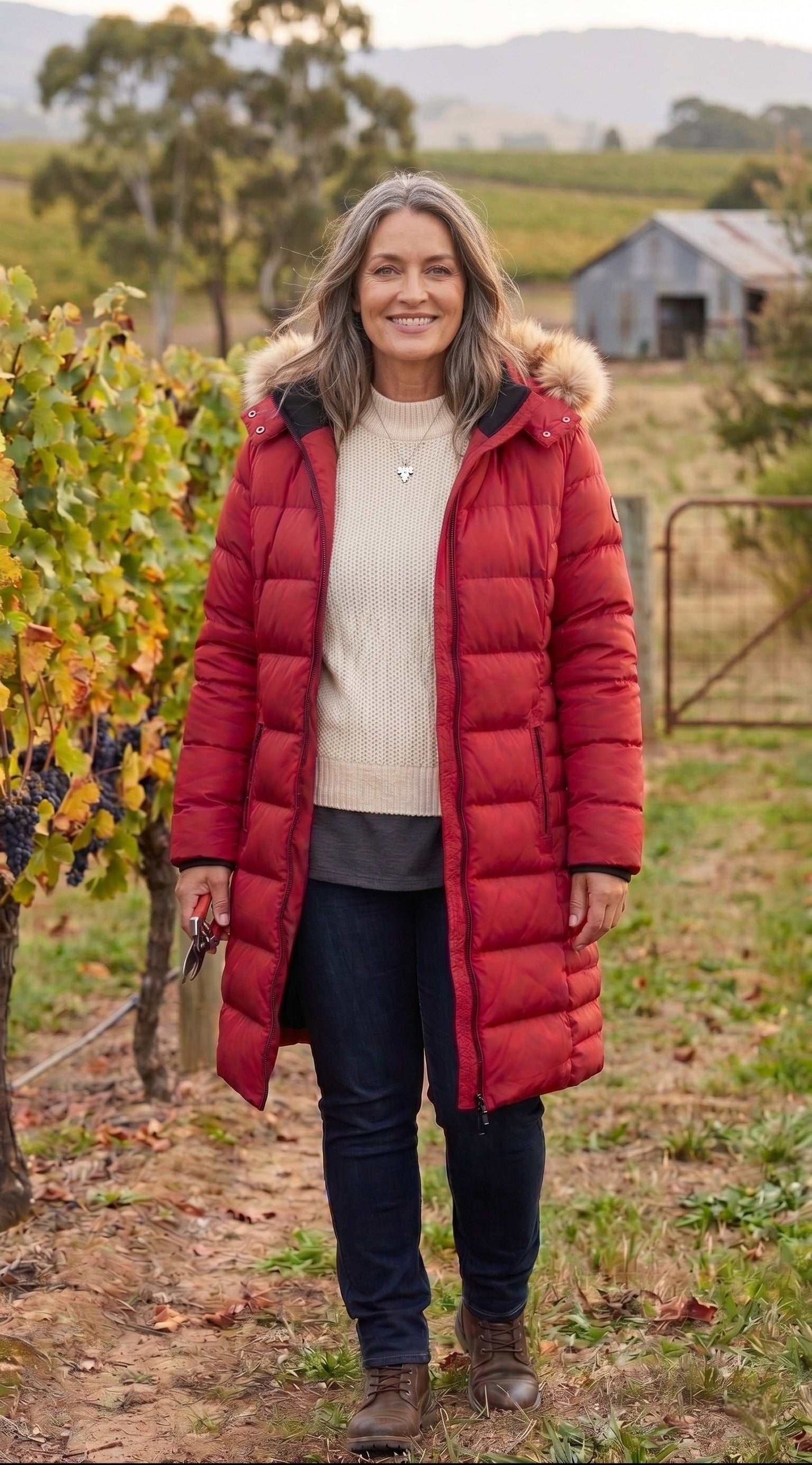 Woman wearing a red puffer coat in Yarra Vallley vineyard setting