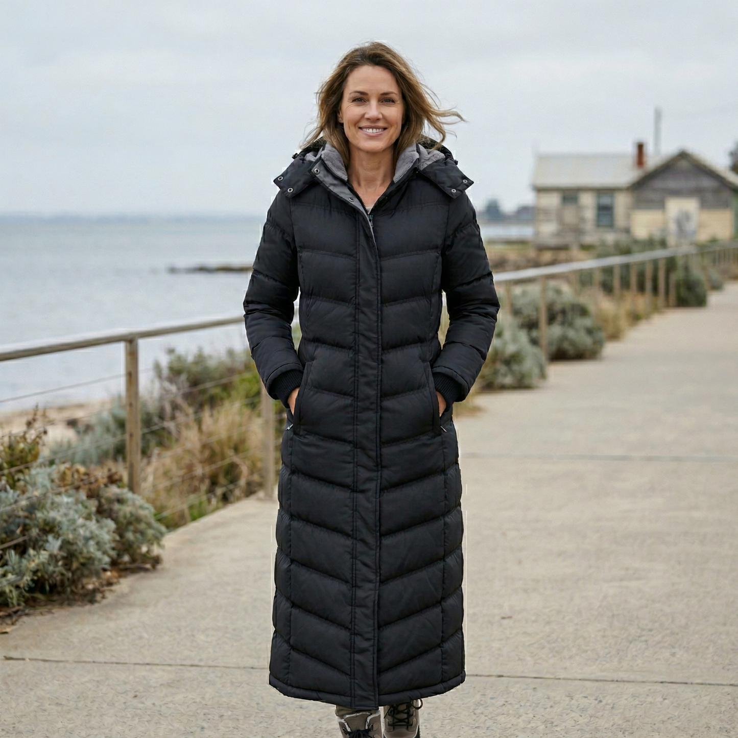 Woman wearing a long black puffer coat standing on a path by the sea.