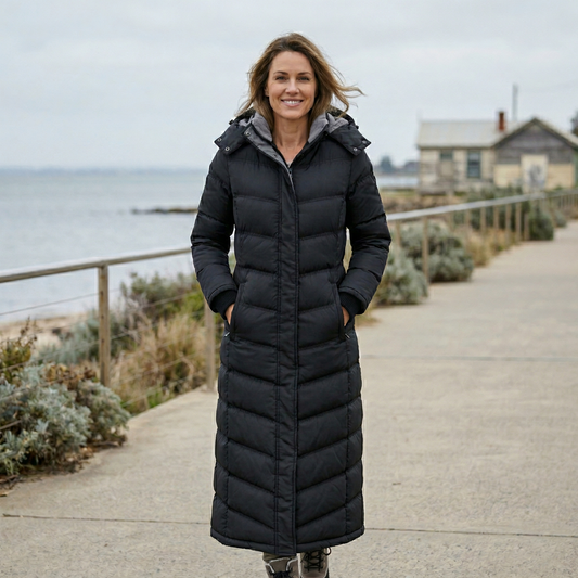 Woman wearing a long black puffer coat standing on a path by the sea.