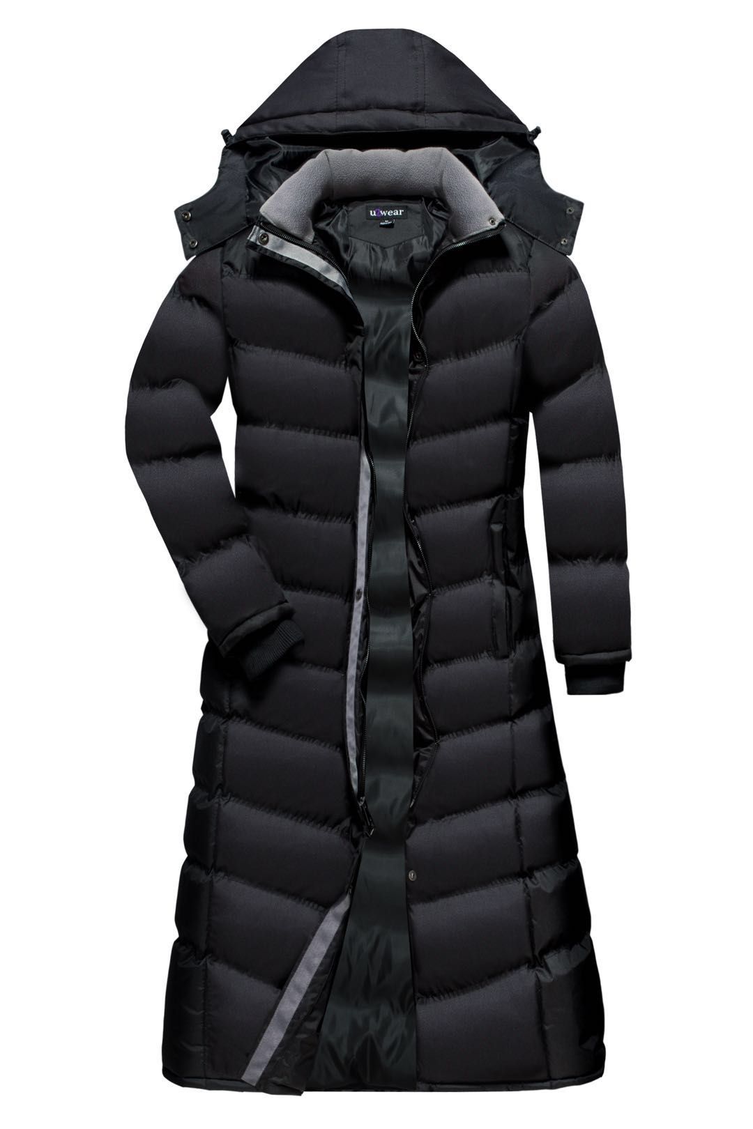 Black u2wear 2418 full-length puffer coat, partly open front showing the grey fleece collar, contrast trim and knit cuffs.