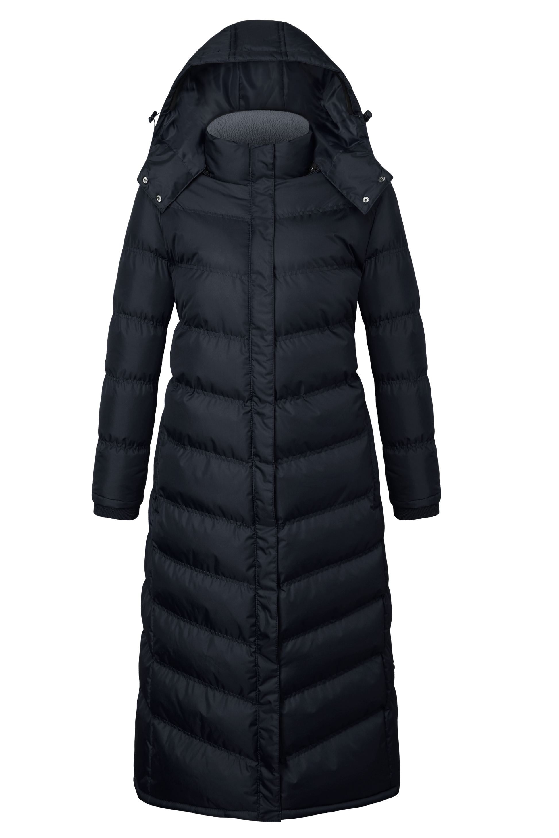 Black long puffer coat with a hood on a white background