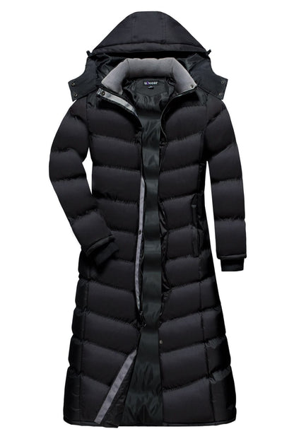 Black u2wear 2418 full-length puffer coat, partly open front showing the grey fleece collar, contrast trim and knit cuffs.