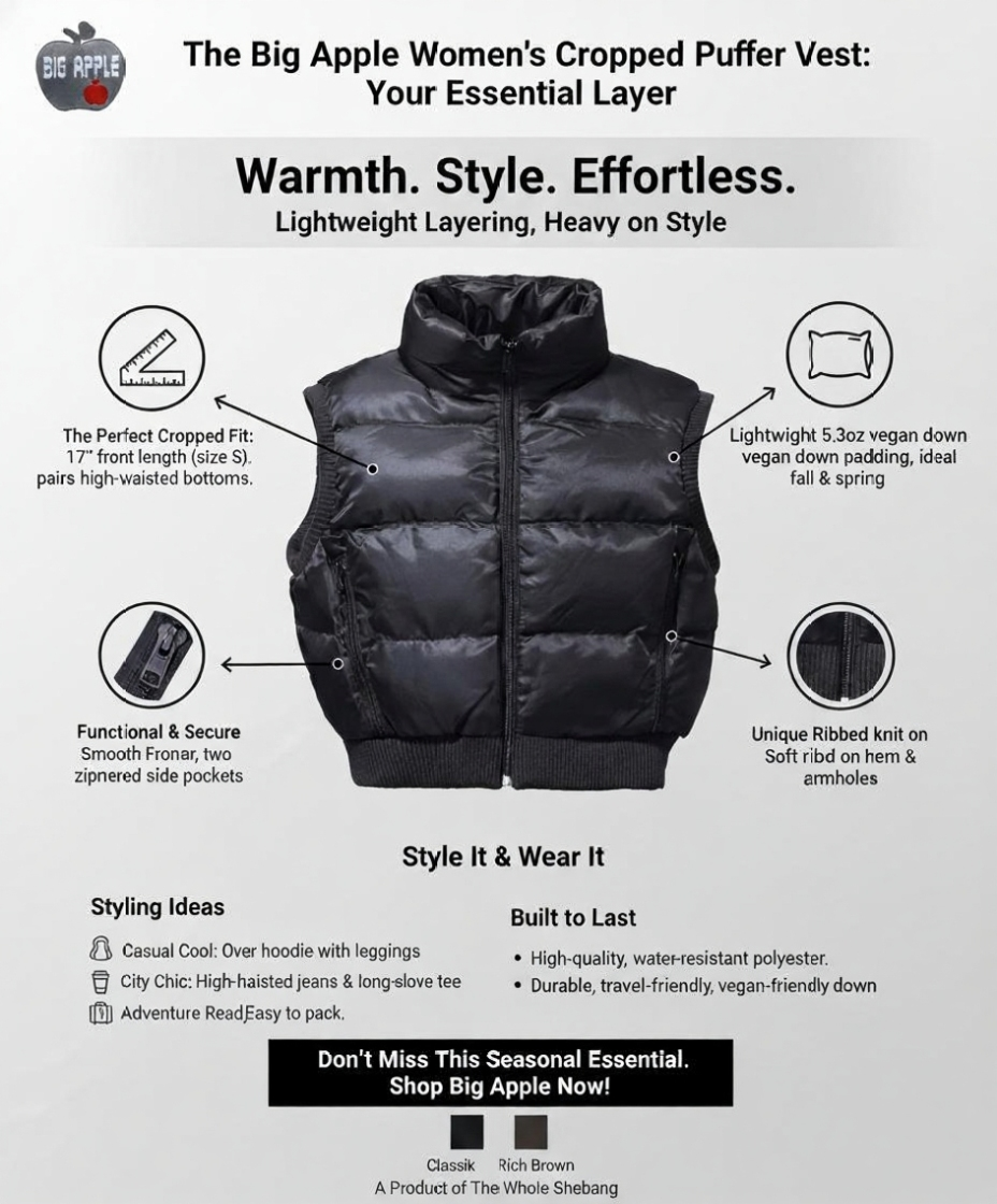 Big Apple Lightweight Vegan Puffer Cropped Vest, Junior Women's