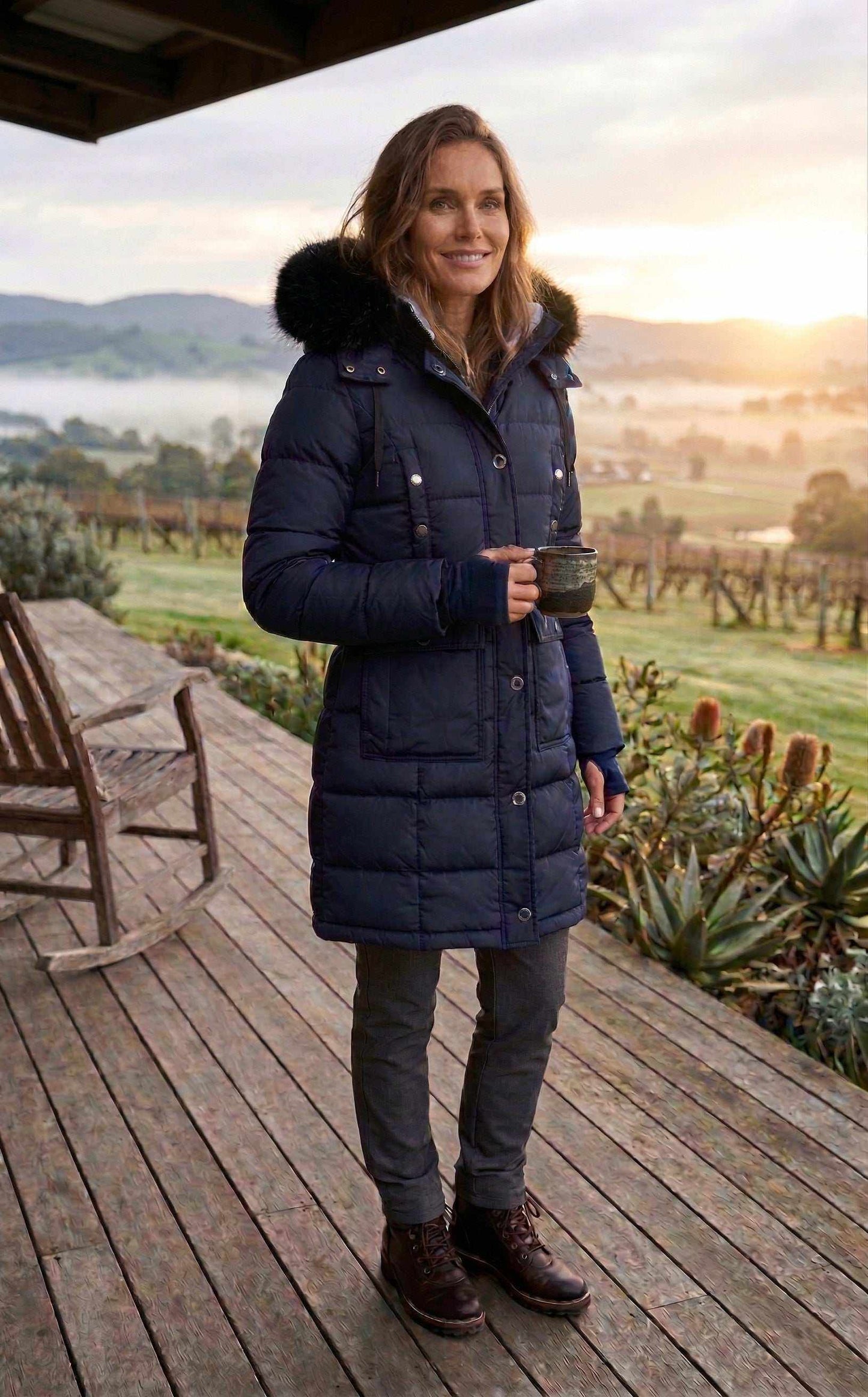 Woman in a long blue puffer coat standing on a wooden deck with a scenic background