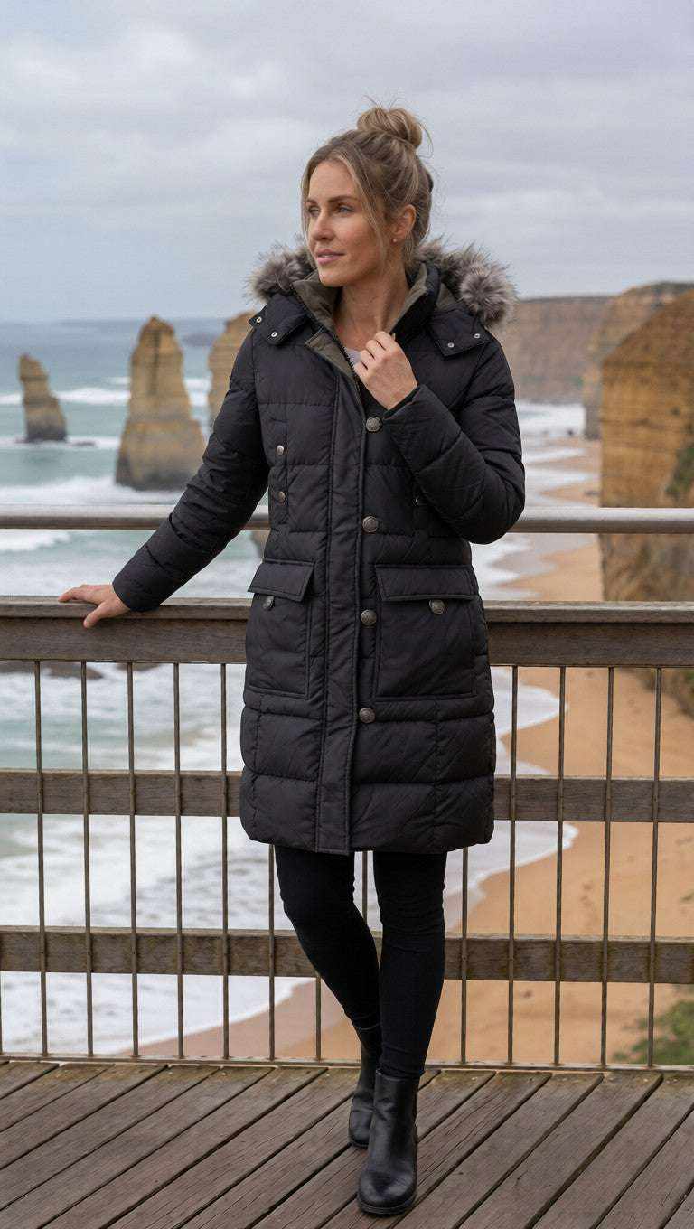 Womens mid-length vegan down winter coat ELORA parka with technical water-resistant shell and fleece lining