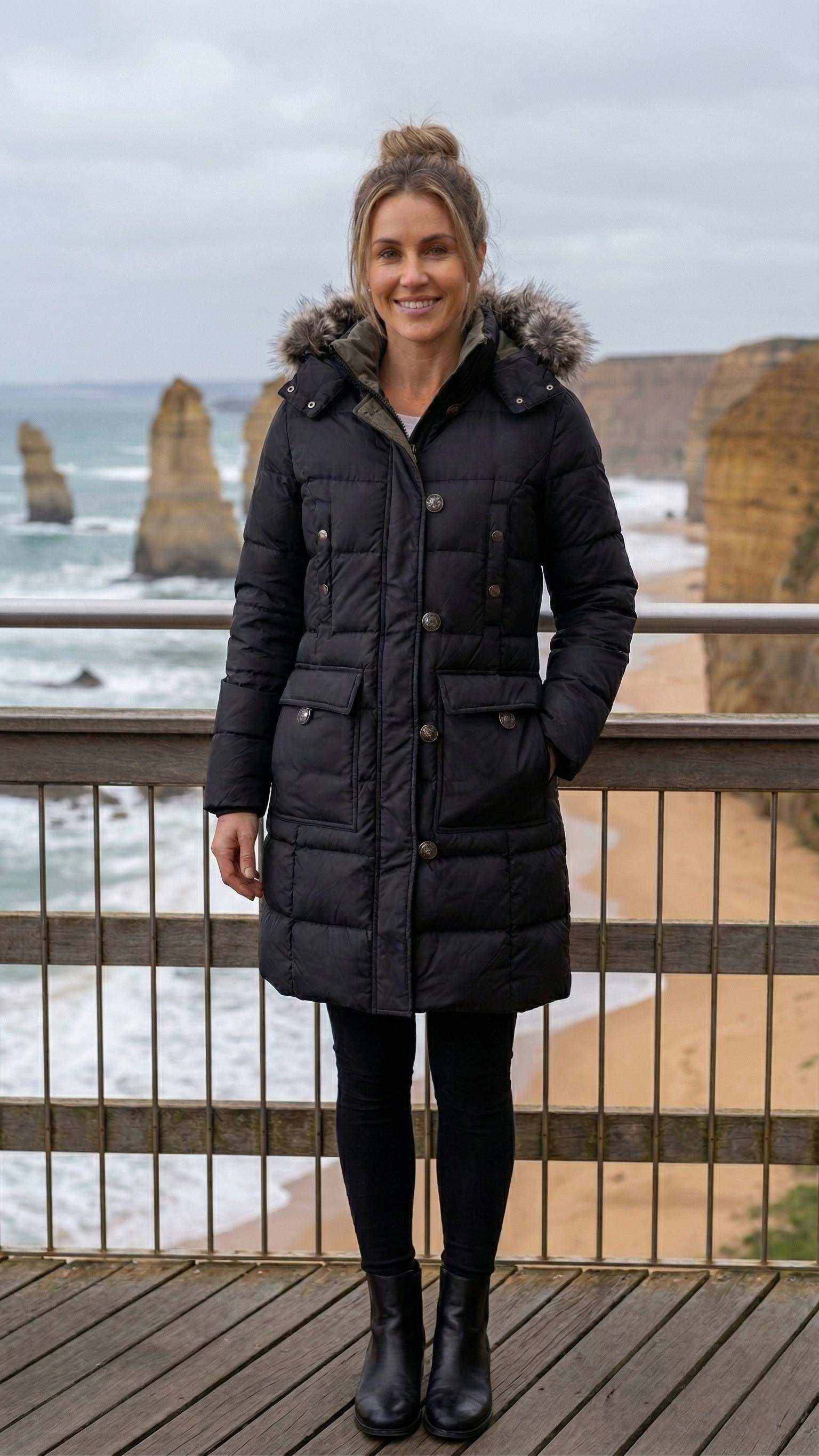 Womens mid-length vegan down winter coat ELORA parka with hood and faux fur trim