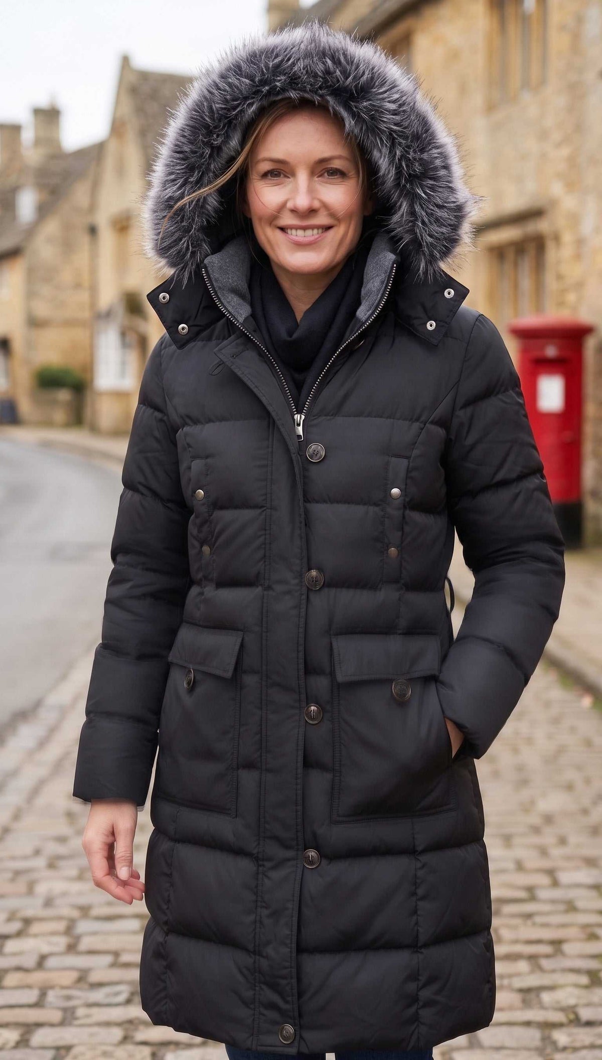 Womens Mid-Length Vegan Down Winter coat | NYC Technical Parka by ELORA wearing a long black puffer coat with a dark gray faux-fur trimmed hood, standing on a cobblestone street in front of stone buildings and a red post box.