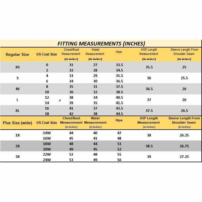 Fitting measurements chart for ELORA Women's Winter Vegan Down Puffer Parka in regular and plus sizes.