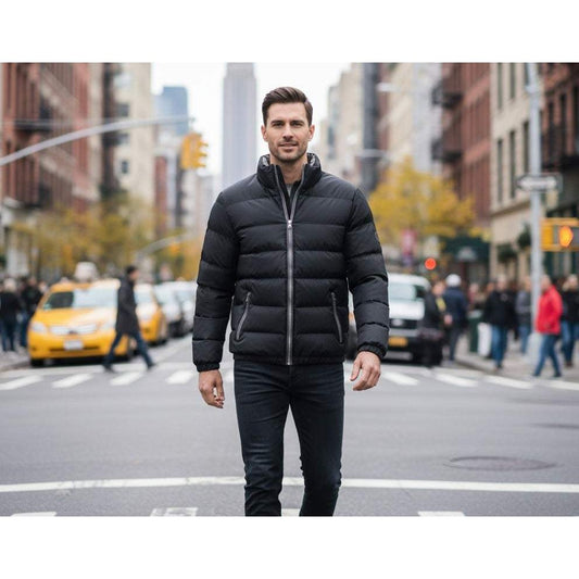 A man in a black puffer jacket stands on a New York City street, with the Empire State Building in the background.