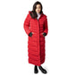 Red full-length puffer coat for women with hood and zippered pockets.