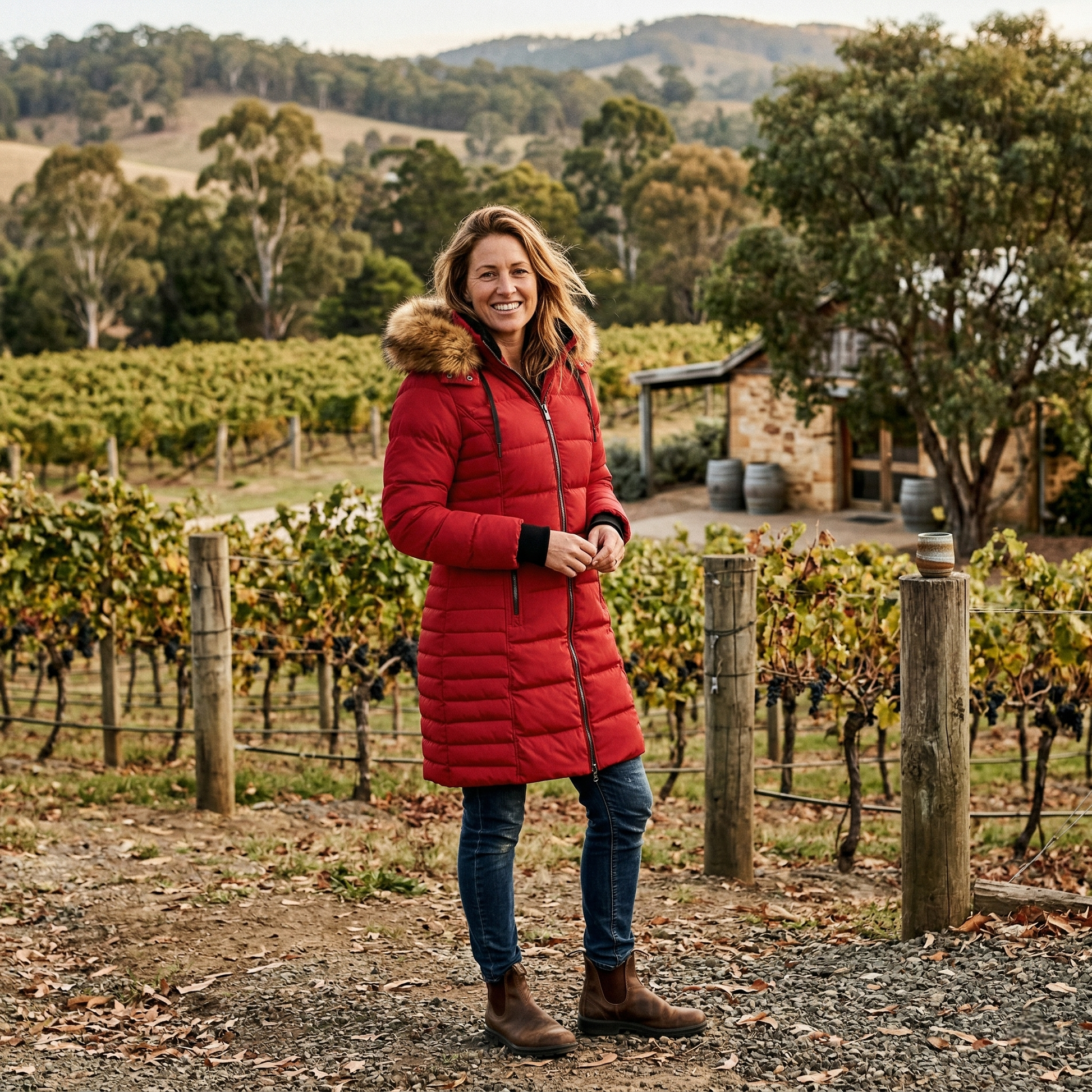 Woman in a red coat standing in a vineyard