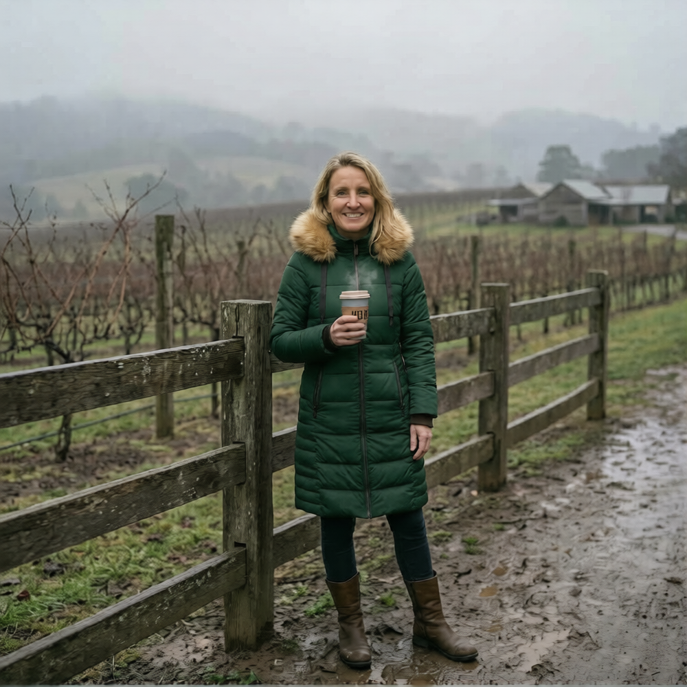 Woman in a green coat standing in a vineyard holding a coffee cup.