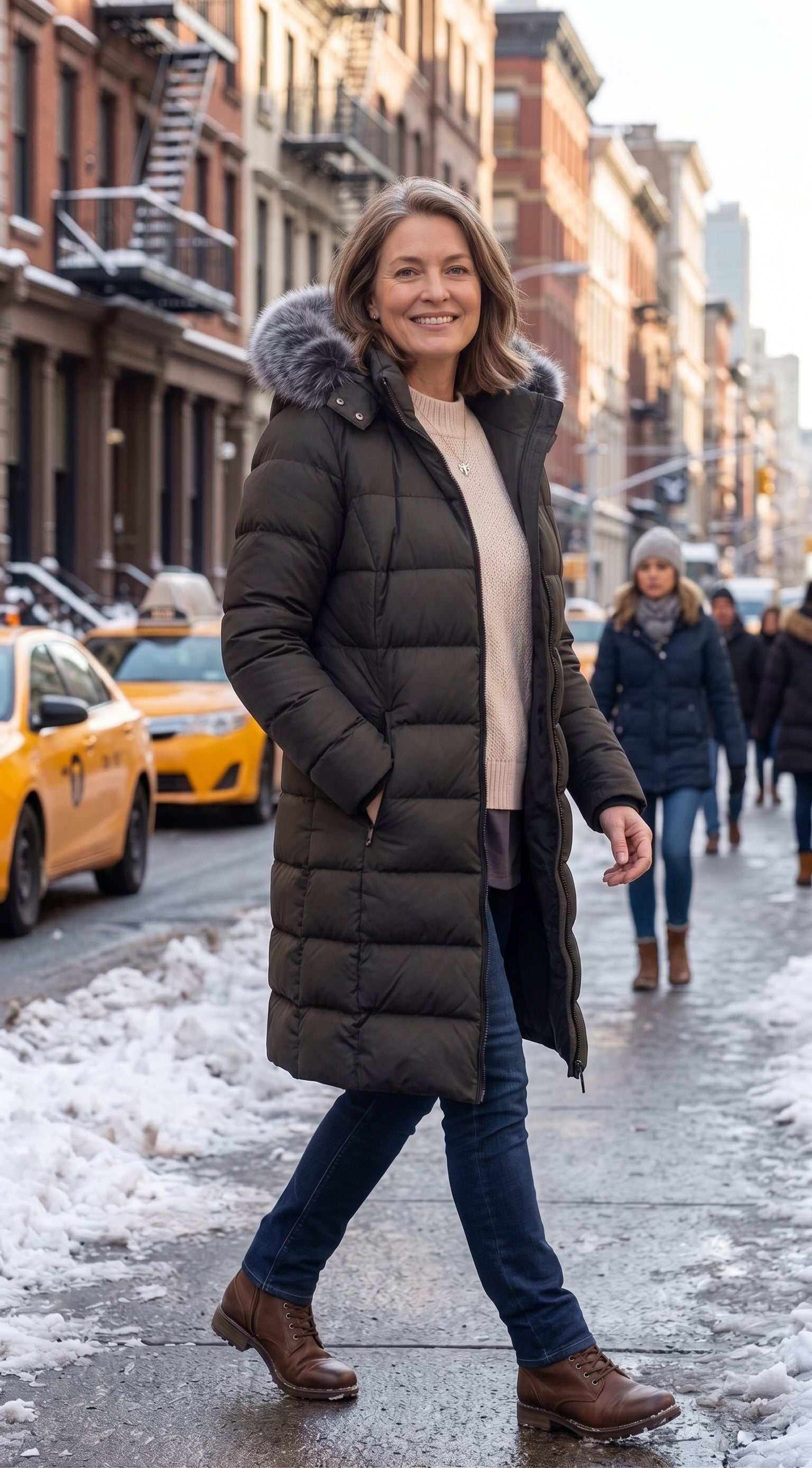 A woman walking on a city sidewalk wearing a long black puffer coat with a faux-fur trimmed hood, blue jeans, and brown ankle boots. Women Plus Size Winter Coat with Hood