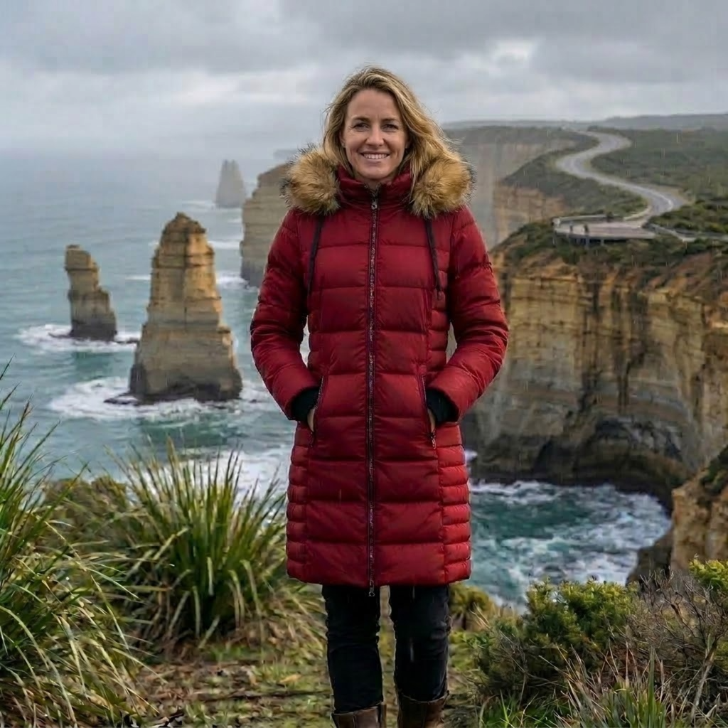 Person in a red coat standing in front of the Twelve Apostles, a scenic location with cliffs and ocean.
