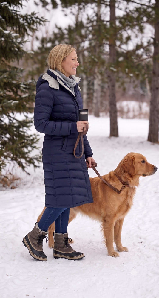 Warm Maxi Vegan Winter Coat for Womens | ELORA 40" (102cm) Thermal in a navy blue puffer coat and hiking boots walks a golden retriever on a snowy path in a forest.