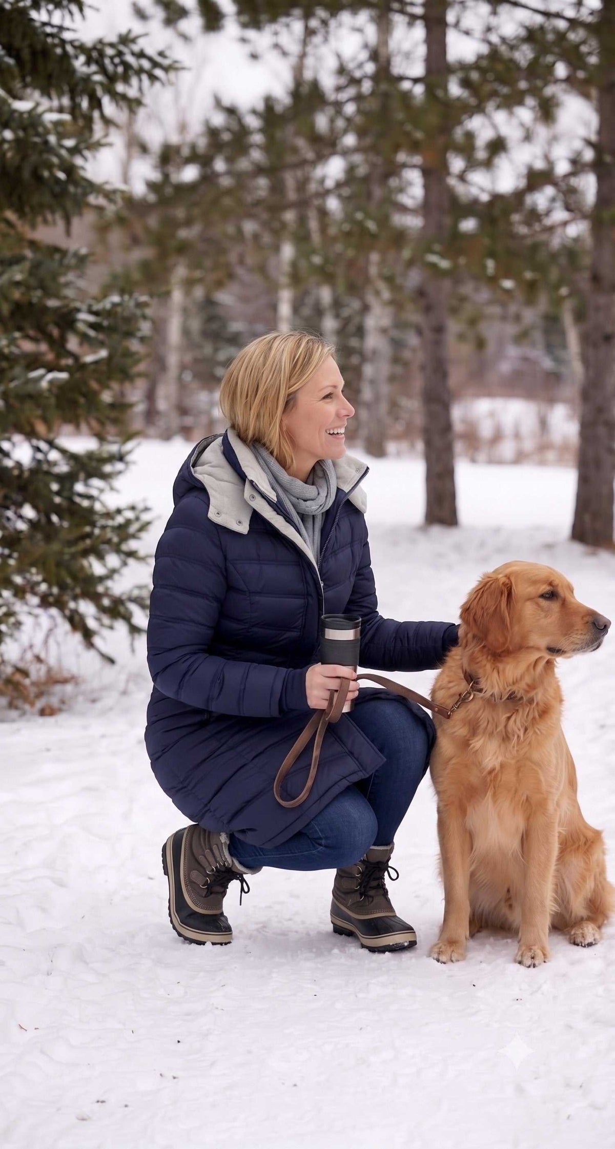 Warm Maxi Vegan Winter Coat for Womens | ELORA 40" (102cm) Thermal in a navy blue winter jacket and jeans crouches in the snow next to a golden retriever dog, holding its leash in an outdoor winter setting with pine trees.
