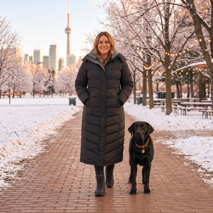 Lifestyle illustration of a plus-size woman wearing the black u2wear 2418 full-length puffer coat with grey collar trim, beside a black Labrador in snow.
