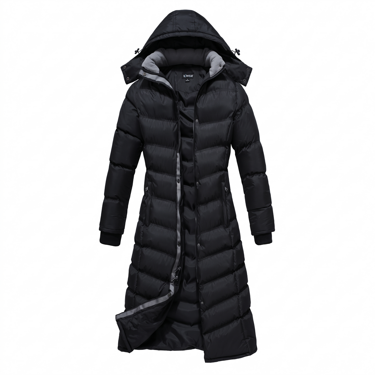 Black u2wear 2418 full-length puffer coat with open front, showing the grey contrast trim and fleece-lined collar.