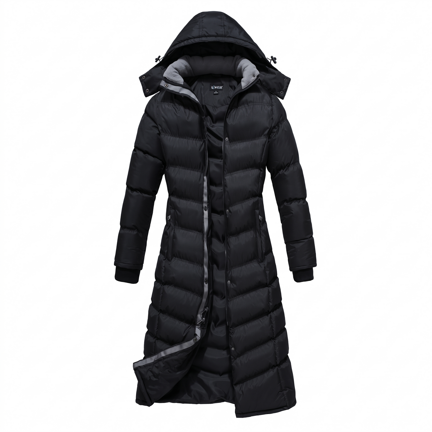 Women Full Length Puffer Coat with hood and contrast grey detailing technical puffer coat with hood and contrast grey detailing