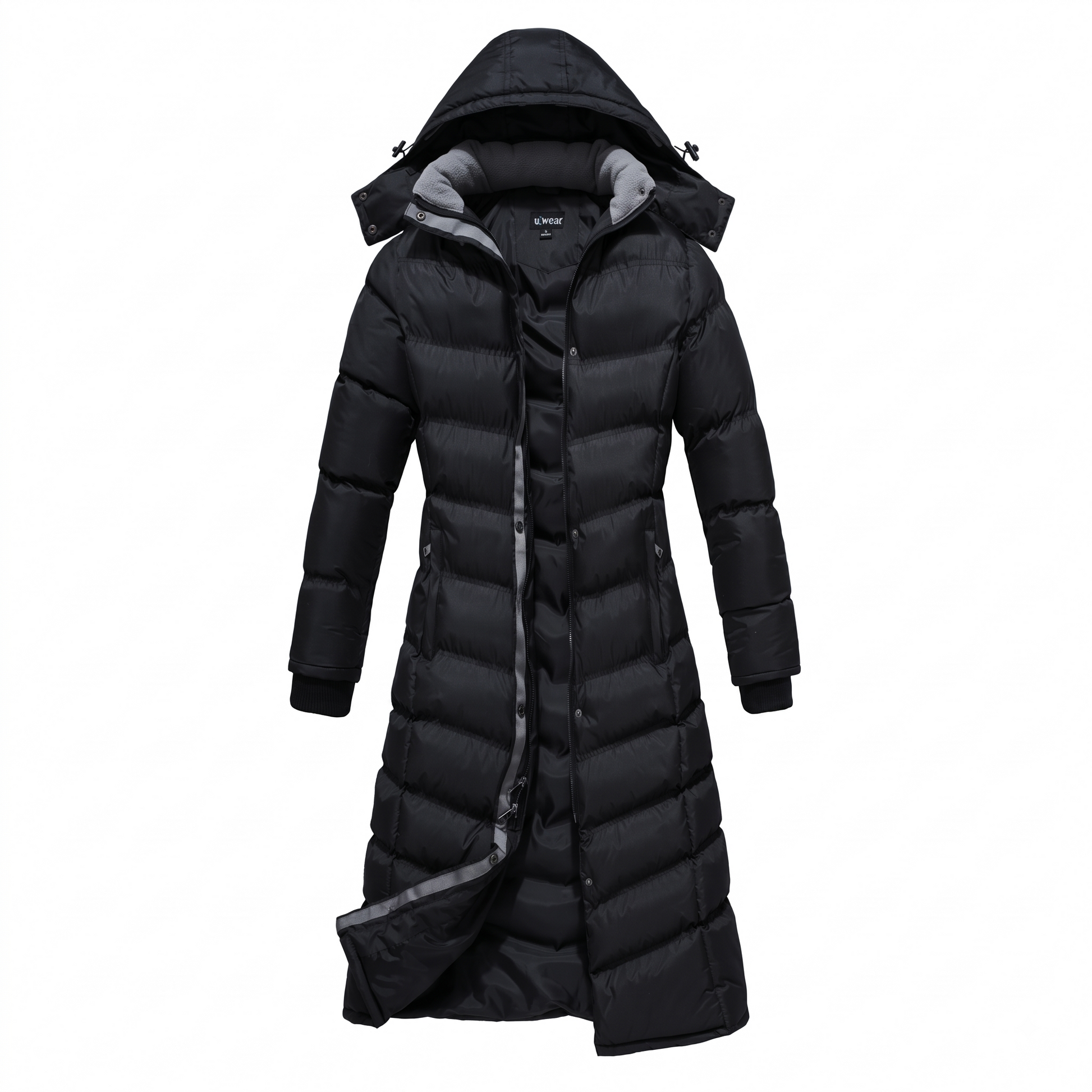 Women Full Length Puffer Coat with hood and contrast grey detailing technical puffer coat with hood and contrast grey detailing