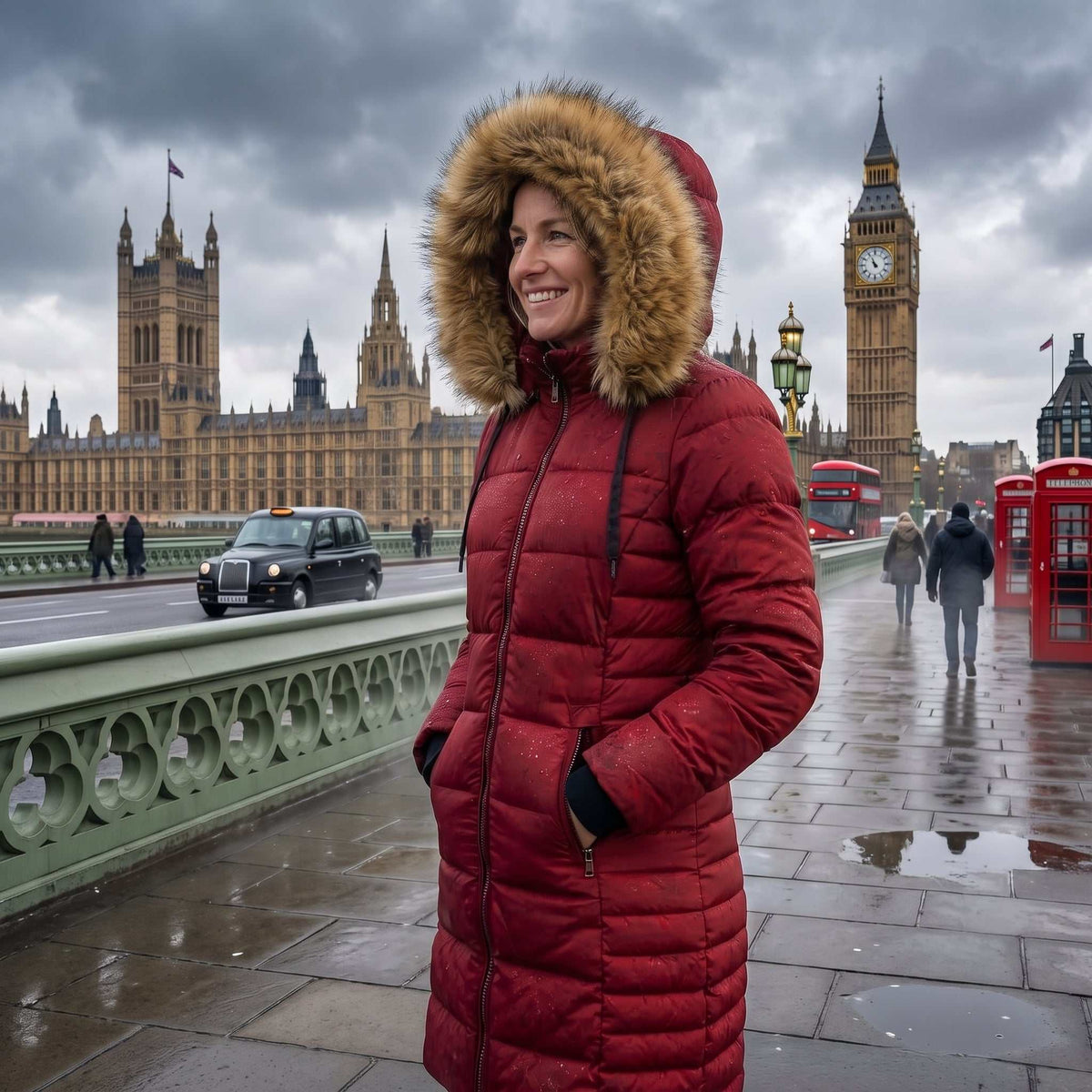 A woman wearing Mid Length Womens Winter Coat | ELORA Technical Fleece-Lined Red parka with a brown fur-trimmed hood stands on Westminster Bridge in London, with Big Ben and the Houses of Parliament in the background under a cloudy sky.