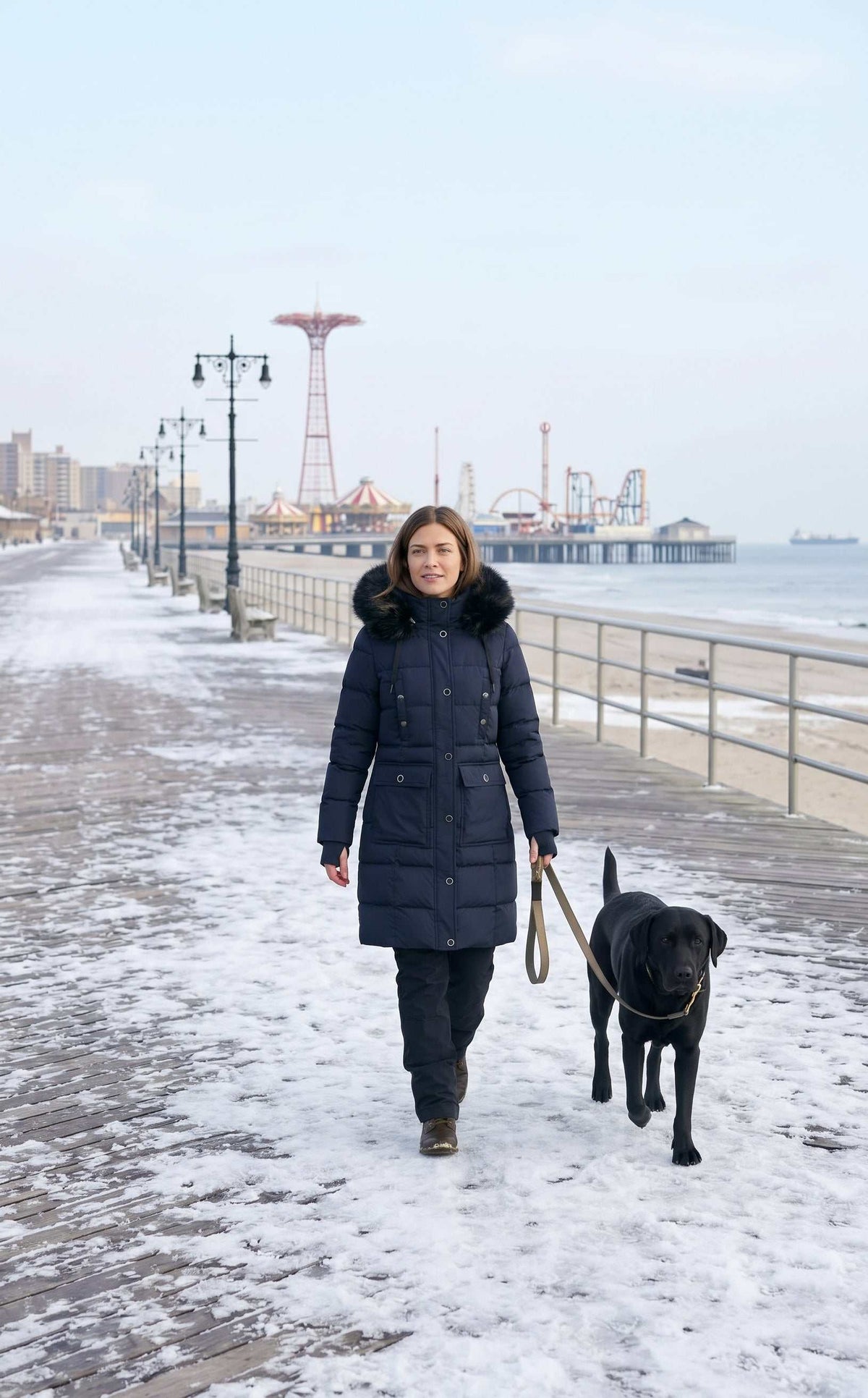 Women's Heavyweight Winter Parka | ELORA Faux-Fur Hood, 7 Pockets walking in Coney Island with OScar my black Lab
