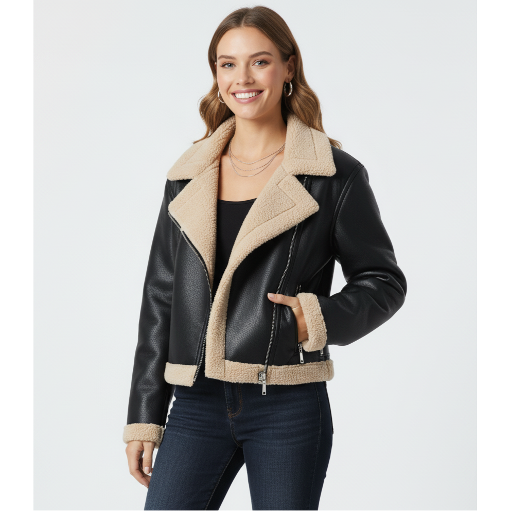 Woman wearing a black leather jacket with beige shearling trim on a white background