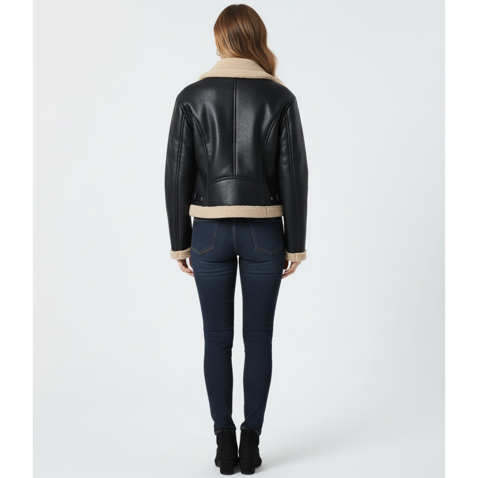 Person wearing a black leather jacket and dark jeans on a white background