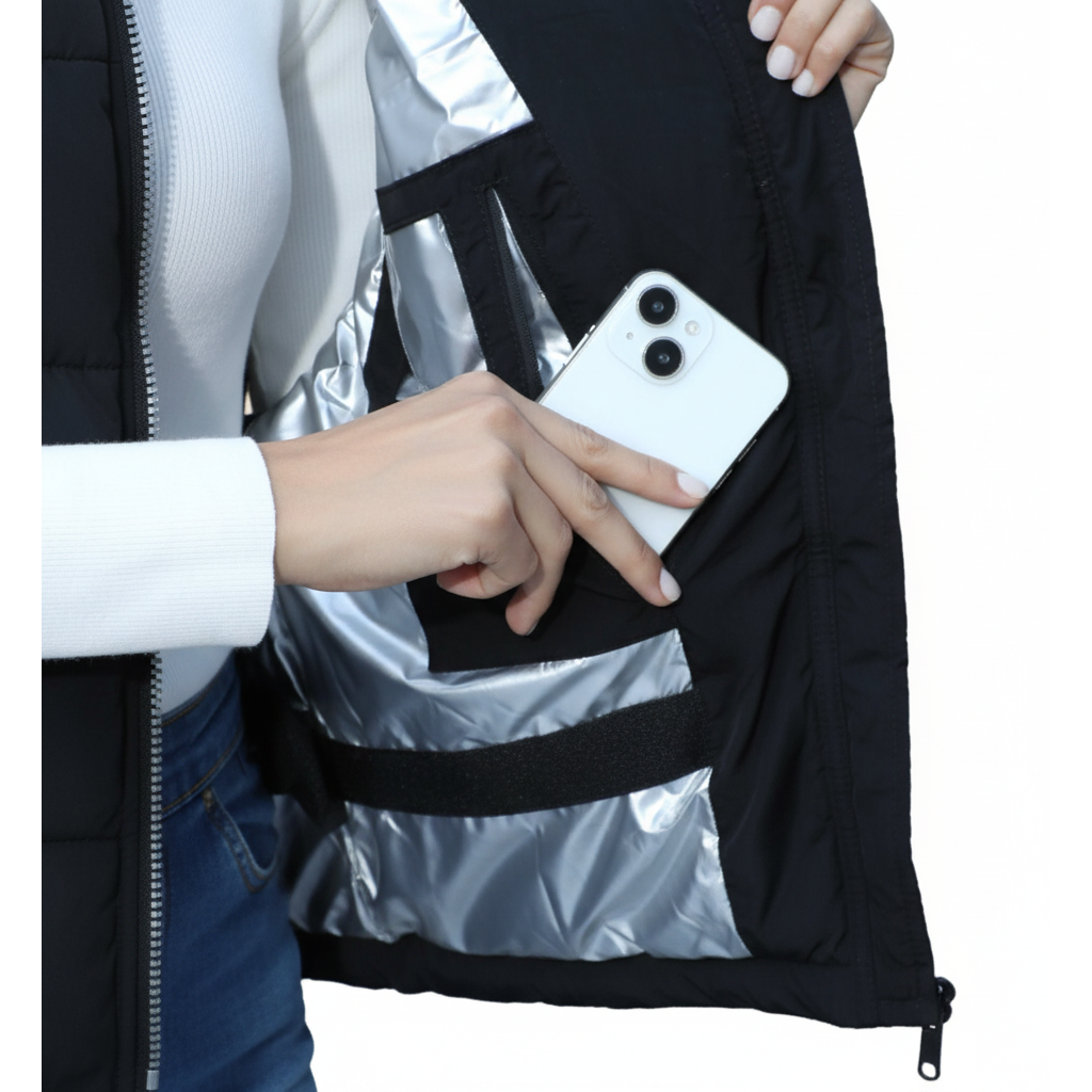 Person holding a phone with a reflective black and silver bag in the background