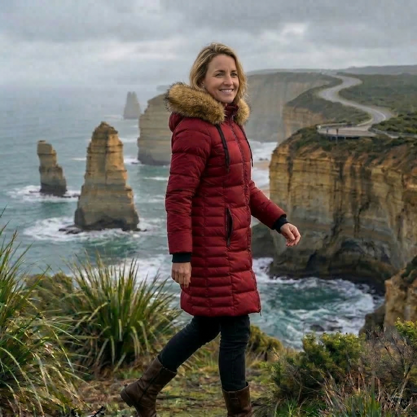 Woman in a red coat standing in front of the Twelve Apostles, a scenic location with cliffs and ocean.