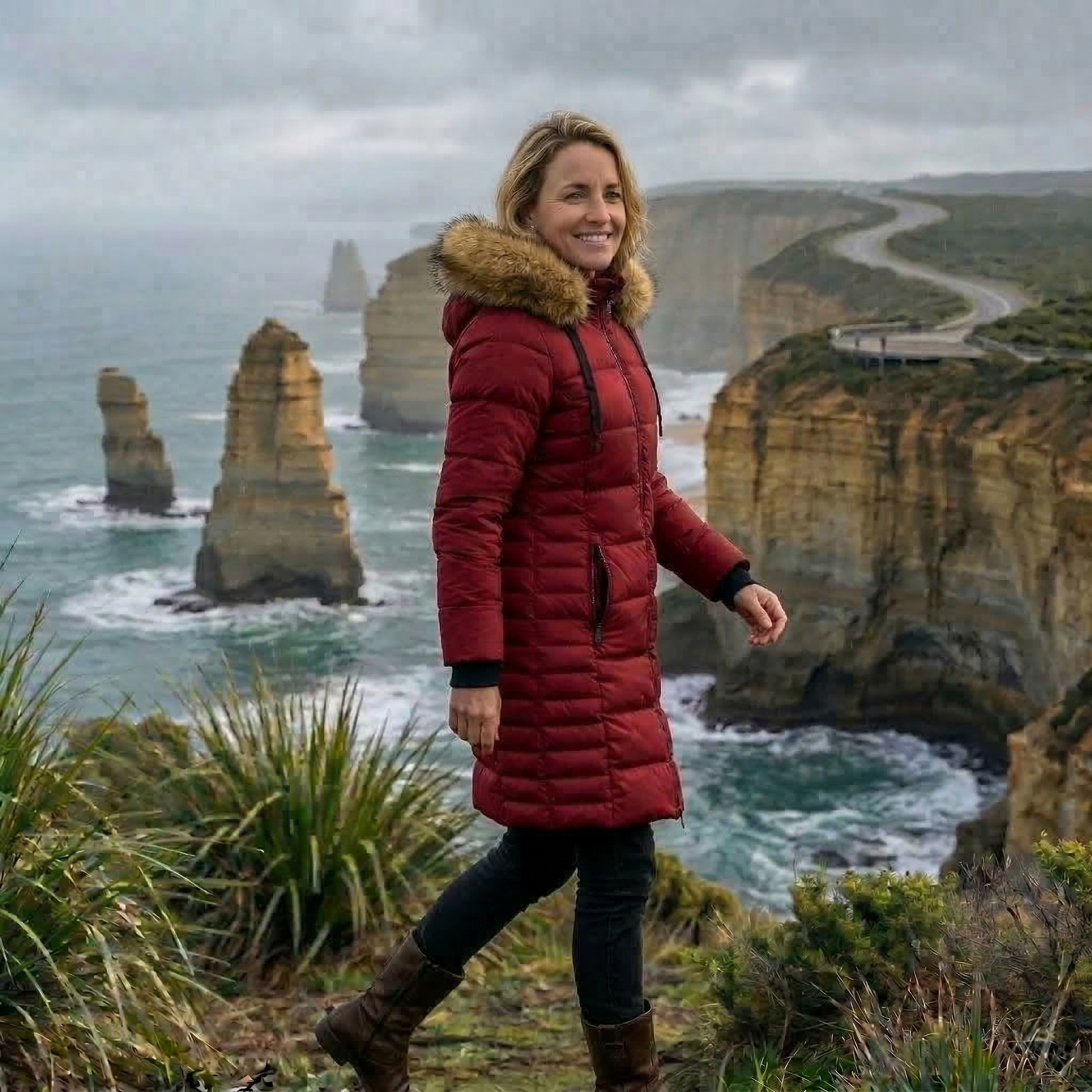 Woman in a red coat standing in front of the Twelve Apostles, a scenic location with cliffs and ocean.