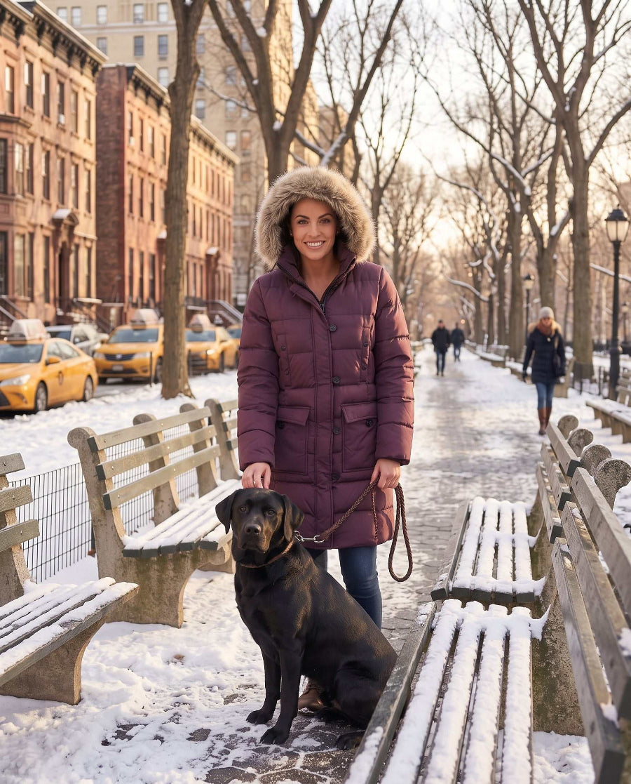 A woman in a purple, fur-trimmed puffer jacket stands on a snowy Central Park path, smiling at the camera, with a black Labrador retriever sitting beside her on a leash